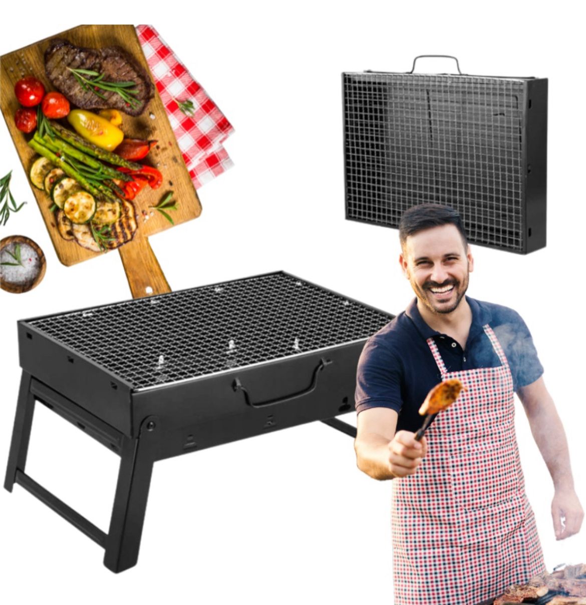 Grătar portabil și pliabil pentru cărbuni – din inox, compact, ideal pentru camping și picnic