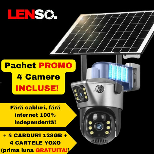 Pachet x 4 Camera Supraveghere LENSO 4G Dubla +  4 CARDURI 128GB + 4 CARTELE YOXO