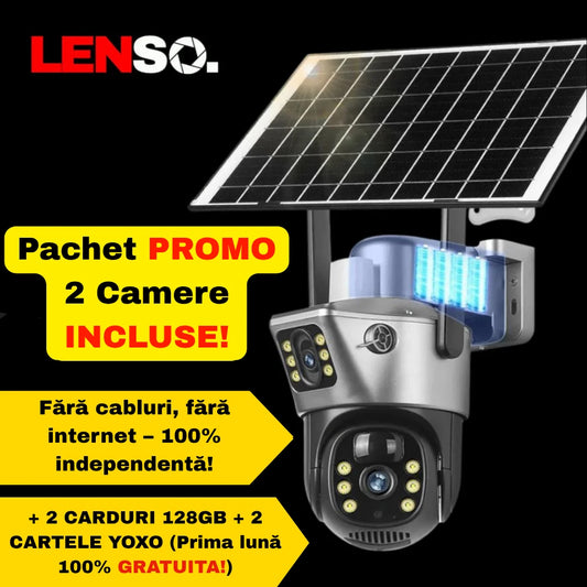Pachet Promo: 2 x Camera Supraveghere LENSO 4G Duală + 2 Carduri 128GB + 2 Cartele YOXO CADOU!