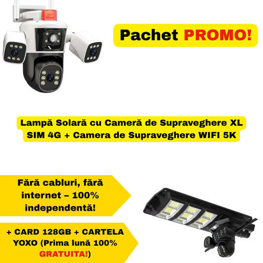 PACHET Lampă Solară cu Cameră de Supraveghere XL SIM 4G + Camera de Supraveghere WIFI 5K, 12MP, 3 lentile, 3 ecrane + Card 128 GB + Cartelă YOXO!