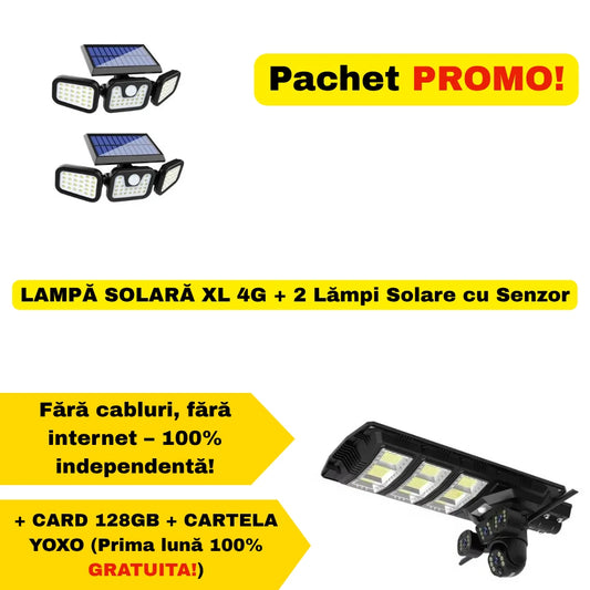 PACHET LAMPĂ SOLARĂ XL 4G + 2 Lămpi Solare cu Senzor + Card 128 GB + Cartelă YOXO!