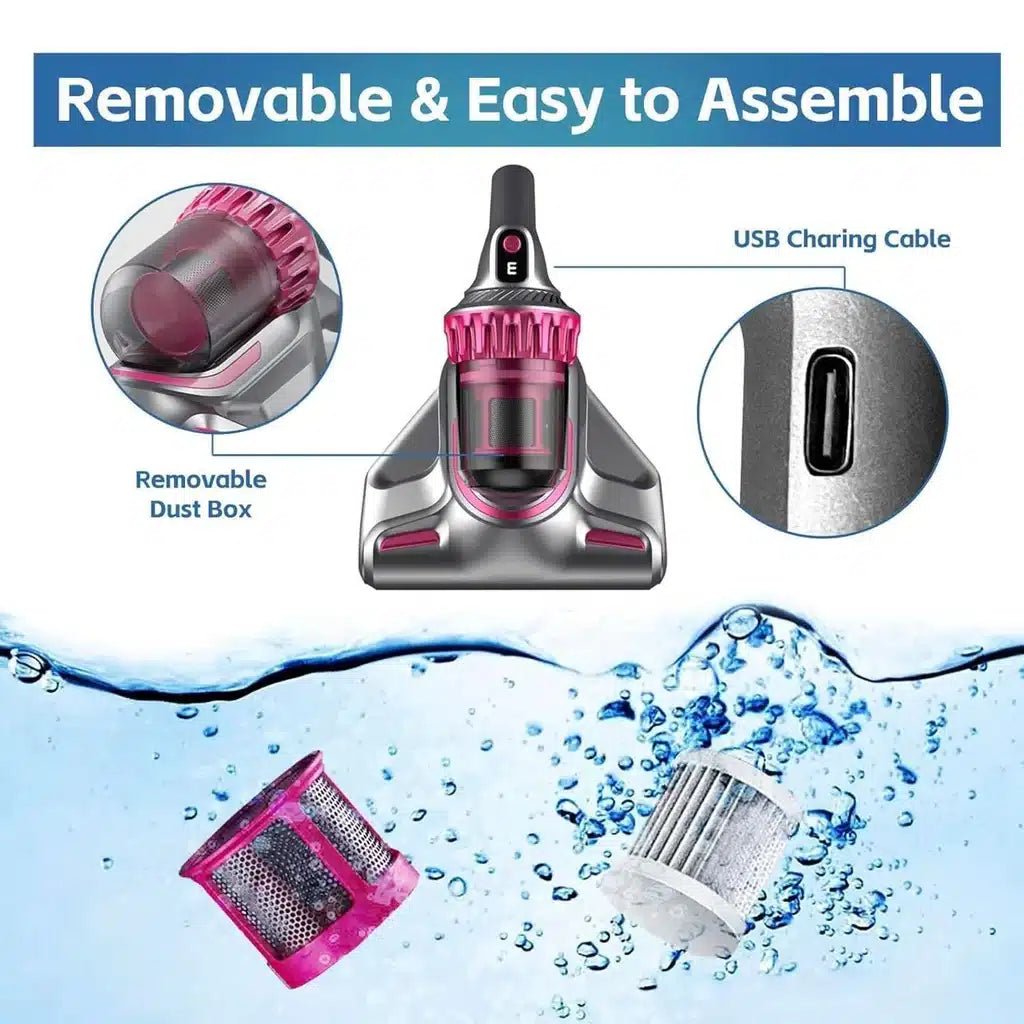 Aspirator Vertical Si De Mana Anti Acarieni, Fara Fir 5in1 JRH® 100W, Lumina UVC, 3x Trepte Viteza, 3x Filtru Hepa, Reincarcabil USB-C Baterie 1500mAh, Capacitate Rezervor 260Ml, Autonomie +/-30 Min, Fara Sac, Ideal Pentru Podele, Praf, Par, Gri-Roz