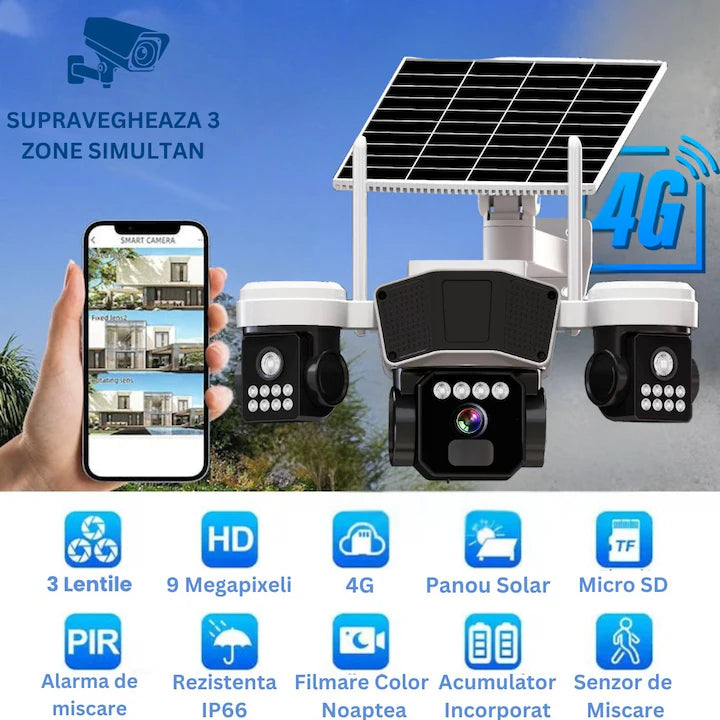 Camera de supraveghere  3in1 cu panou solar, conexiune SIM 4G, 9MP EXTRATERESTRU