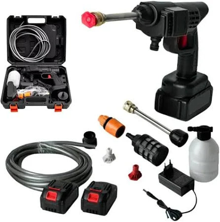 Pistol cu apa de inalta presiune pentru spalatorie auto, 300W 21V, 5m furtun de apa, 2 baterii, 9 accesorii, Negru