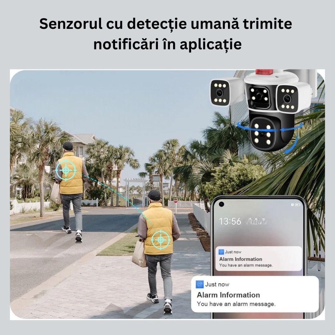 Cameră de Supraveghere PTZ cu WiFi, Rezolutie 10K, 20MP, Zoom Optic 10X, 5 Lentile, Vizualizare pe 4 Ecrane, Night Vision Color, Comunicare Bidirecțională, Functie de  Urmărire Automată cu Identificarea tipului de miscare