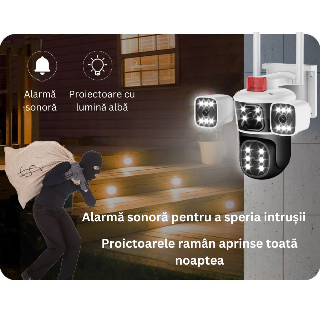 Cameră de Supraveghere PTZ cu WiFi, Rezolutie 10K, 20MP, Zoom Optic 10X, 5 Lentile, Vizualizare pe 4 Ecrane, Night Vision Color, Comunicare Bidirecțională, Functie de  Urmărire Automată cu Identificarea tipului de miscare