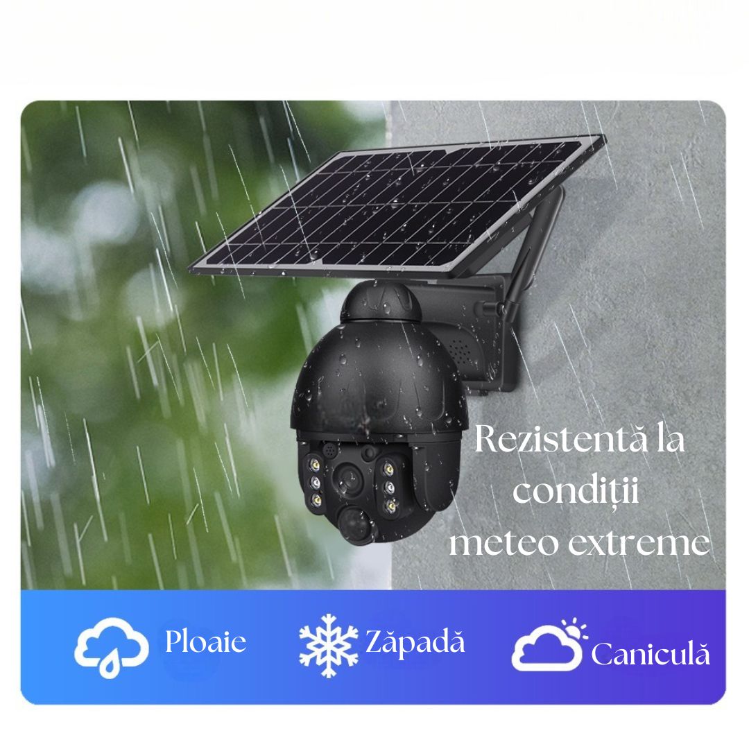 Cameră de Supraveghere cu Încărcare Solară 4G 8K, Night Vision 35m, PTZ (Rotire și Zoom Controlabile din Aplicație), Detectare Mișcare PIR (Identificare Forme Umane), Microfon și Difuzor Bidirecționale, IP66, Stocare MicroSD 128GB