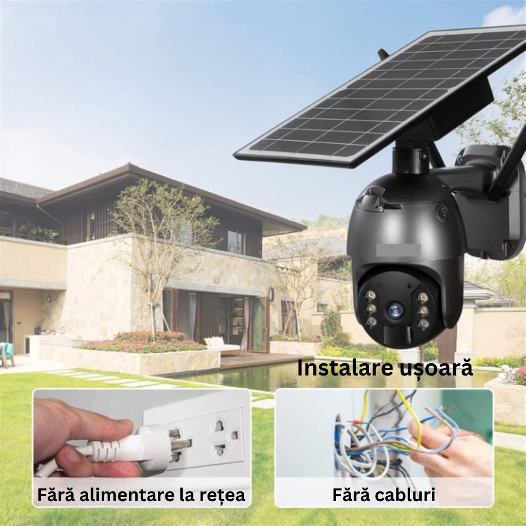 Cameră de Supraveghere WiFi Exterior 4MP, Încărcare Solară, Night Vision, Rezistență la Apă IP67, Detectare Mișcare, Microfon și Difuzor Bidirecționale, Control Complet al Camerei prin Aplicație