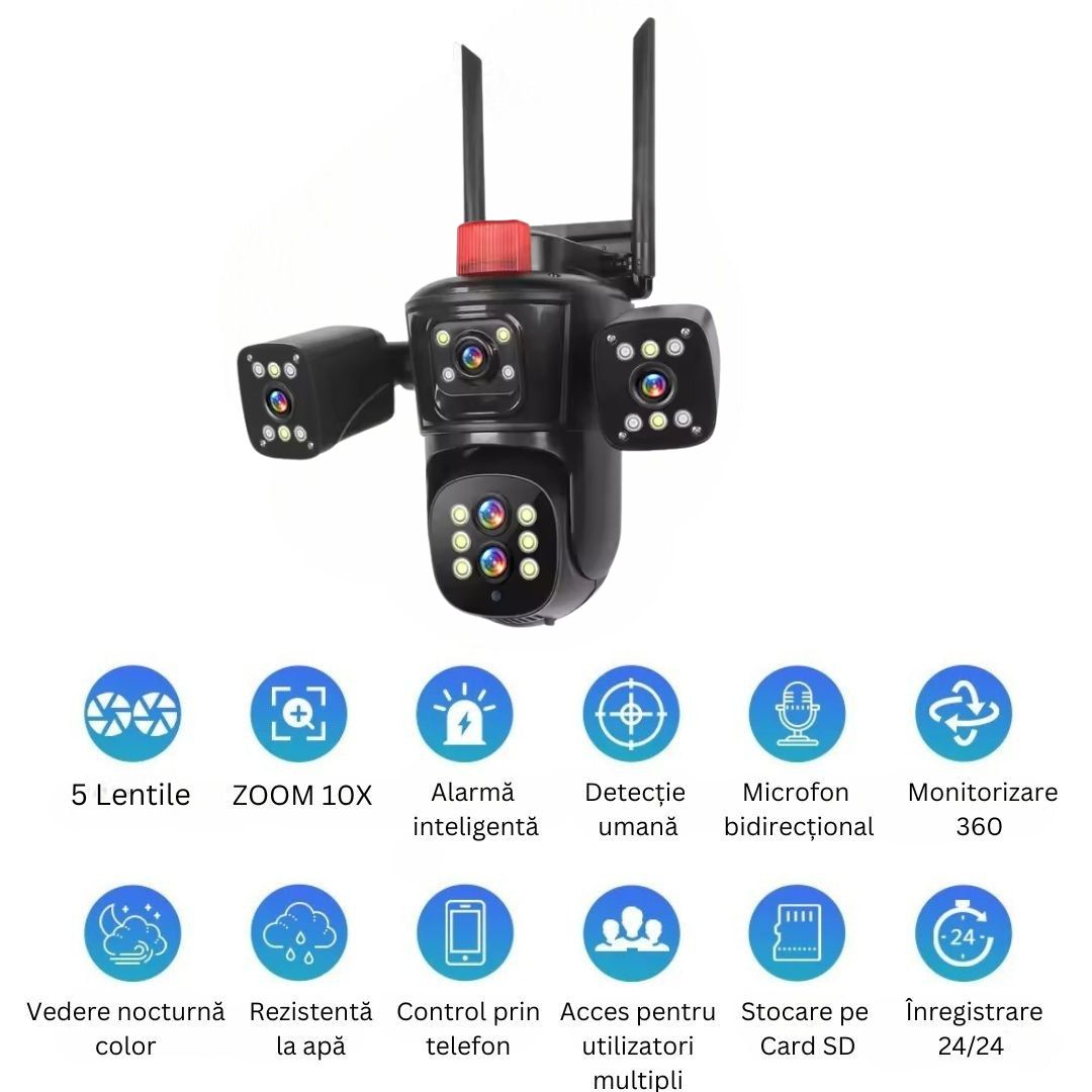 Cameră de Supraveghere PTZ cu WiFi, Rezolutie 10K, 20MP, Zoom Optic 10X, 5 Lentile, Vizualizare pe 4 Ecrane, Night Vision Color, Comunicare Bidirecțională, Functie de  Urmărire Automată cu Identificarea tipului de miscare