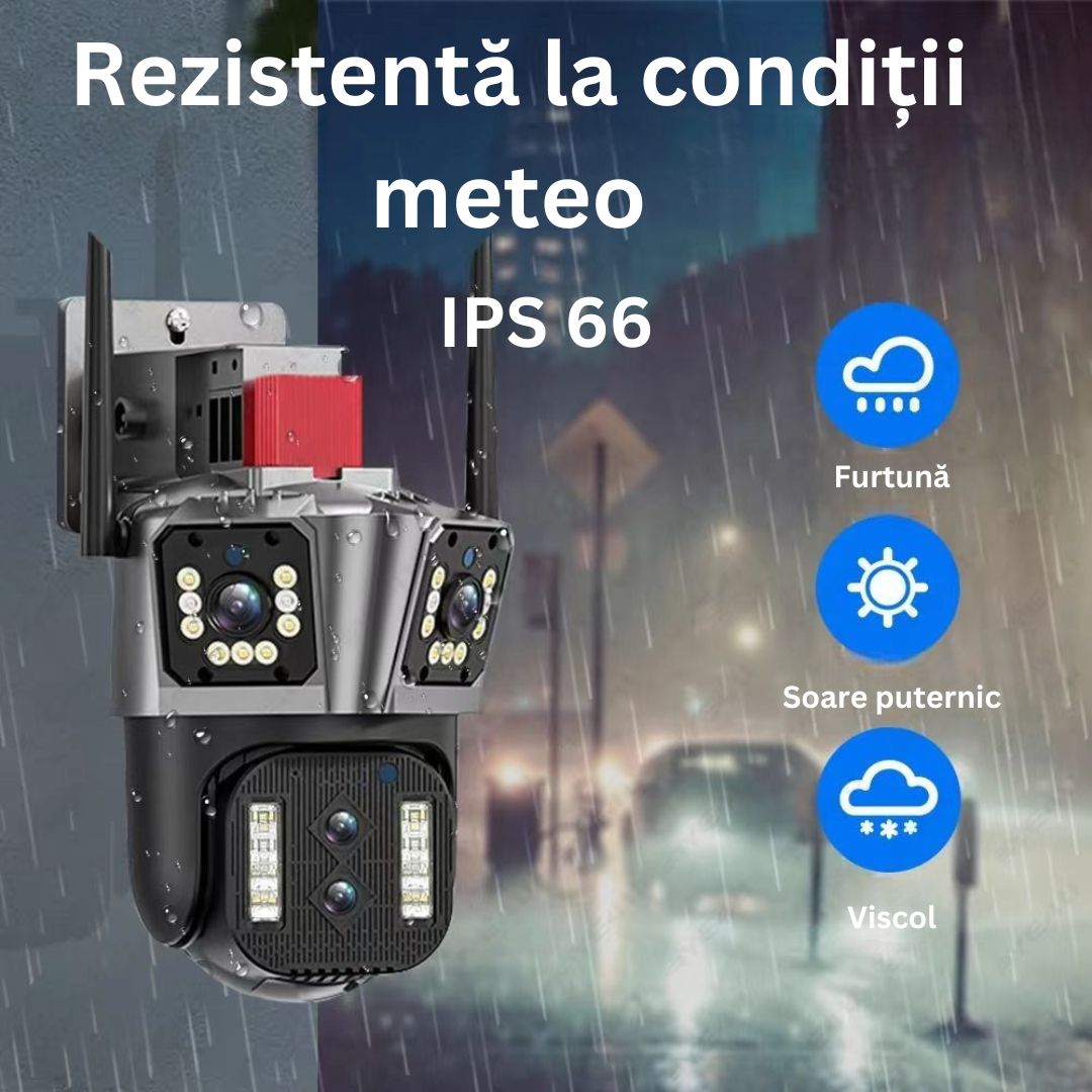 Cameră de Supraveghere Cvadruplă WiFi 16MP, 8K Ultra HD, Zoom Optic 10X, PTZ 360°, Lentile Ultra-Wide, Night Vision, AI Tracking, Comunicare Bidirecțională, Senzor de Mișcare, Exterior/Interior