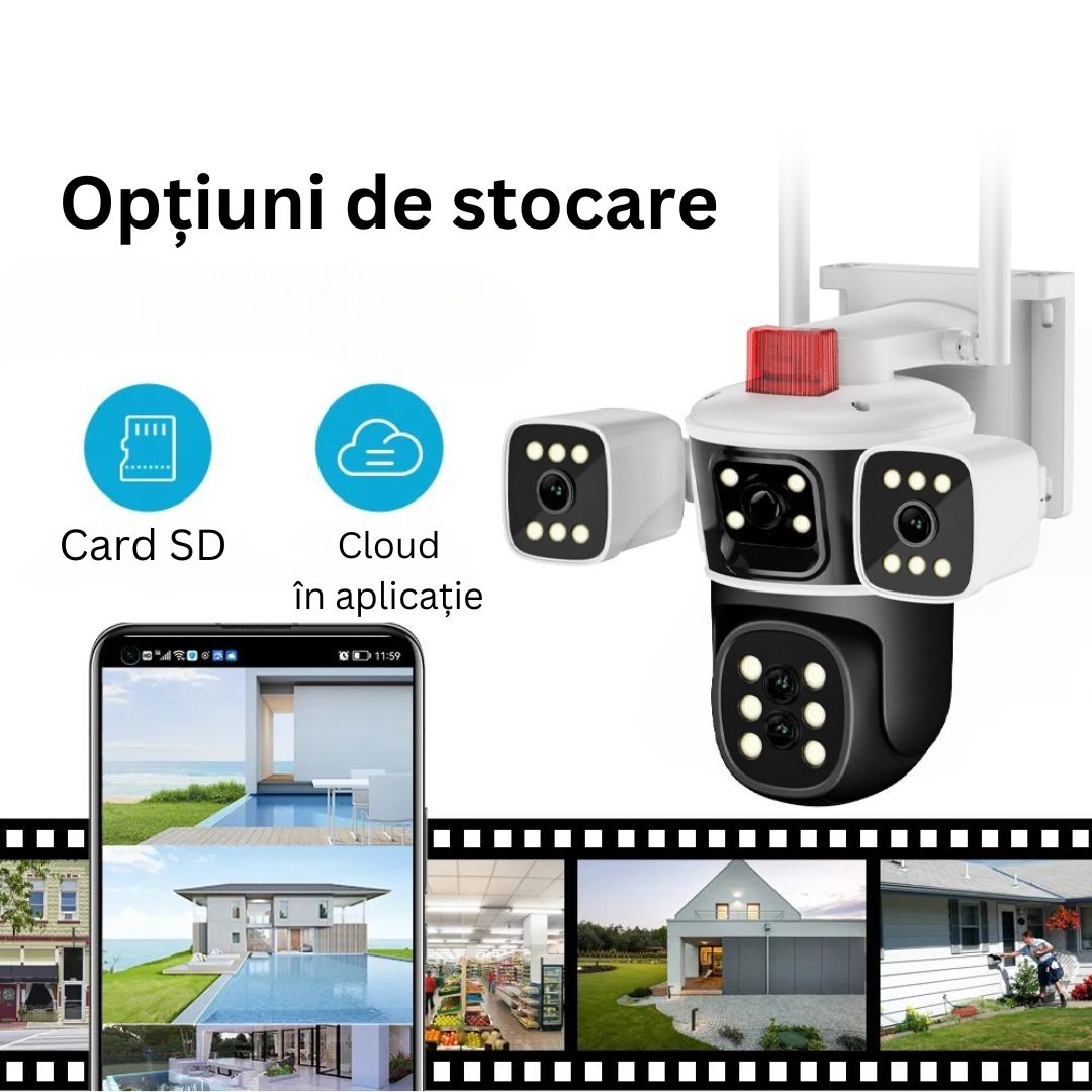 Cameră de Supraveghere 6K, PTZ 12MP Ultra-HD, Zoom 10X, Vedere Nocturnă Color, Detectare Mișcare PIR, Microfon Bidirecțional, Rezistentă la Apă IP66, Stocare Cloud sau Micro SD