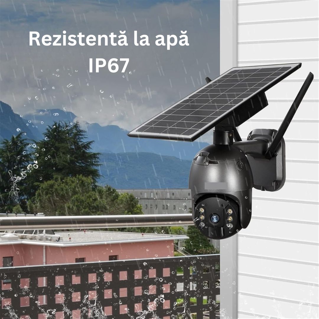 Cameră de Supraveghere WiFi Exterior 4MP, Încărcare Solară, Night Vision, Rezistență la Apă IP67, Detectare Mișcare, Microfon și Difuzor Bidirecționale, Control Complet al Camerei prin Aplicație