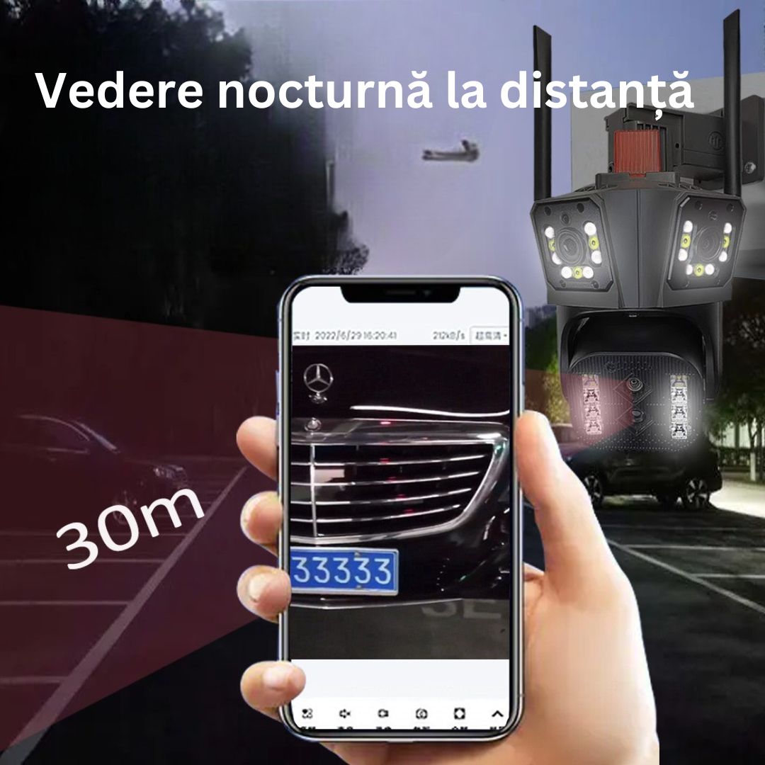 Cameră de Supraveghere Cvadruplă WiFi 16MP, 8K Ultra HD, Zoom Optic 10X, PTZ 360°, Lentile Ultra-Wide, Night Vision, AI Tracking, Comunicare Bidirecțională, Senzor de Mișcare, Exterior/Interior