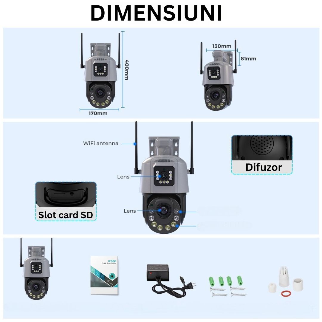 Cameră de Supraveghere PTZ 6MP HD, Conexiune WiFi , Zoom Optic 36X, Night Vision 120m, Detectare Mișcare Umană, Microfon si Difuzor Bidirecționale, Rezistenta la apa IP66