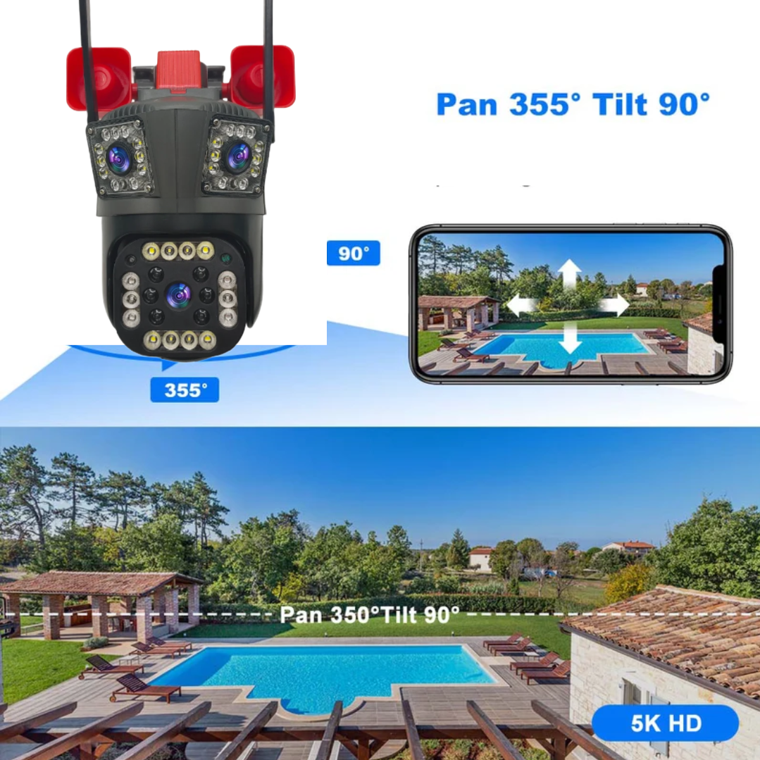 Camera de Supraveghere Tripla cu ALARMA WIFI, 12MP, Exterior/Interior, Ultra HD