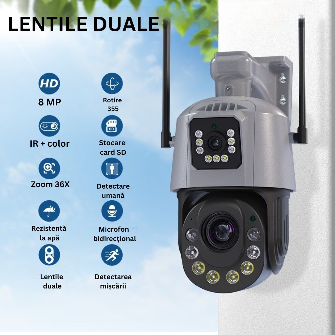 Cameră de Supraveghere PTZ 6MP HD, Conexiune WiFi , Zoom Optic 36X, Night Vision 120m, Detectare Mișcare Umană, Microfon si Difuzor Bidirecționale, Rezistenta la apa IP66