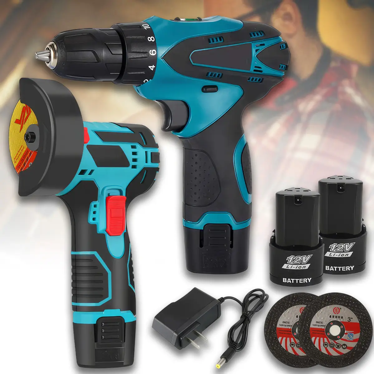 Set Polizor unghiular & Mașină de găurit cu impact 48V cu 2 baterii + 15 discuri cadou