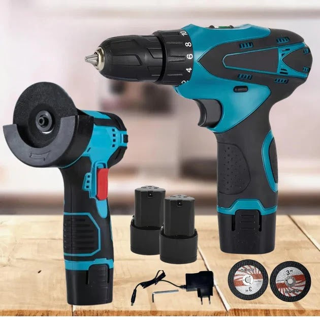 Set Polizor unghiular & Mașină de găurit cu impact 48V cu 2 baterii + 15 discuri cadou