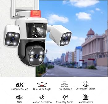 Camera de Supraveghere WIFI 5K, 12MP, 3 lentile, 3 ecrane, Control din telefon, Urmarire subiect, Microfon si difuzor incorporate