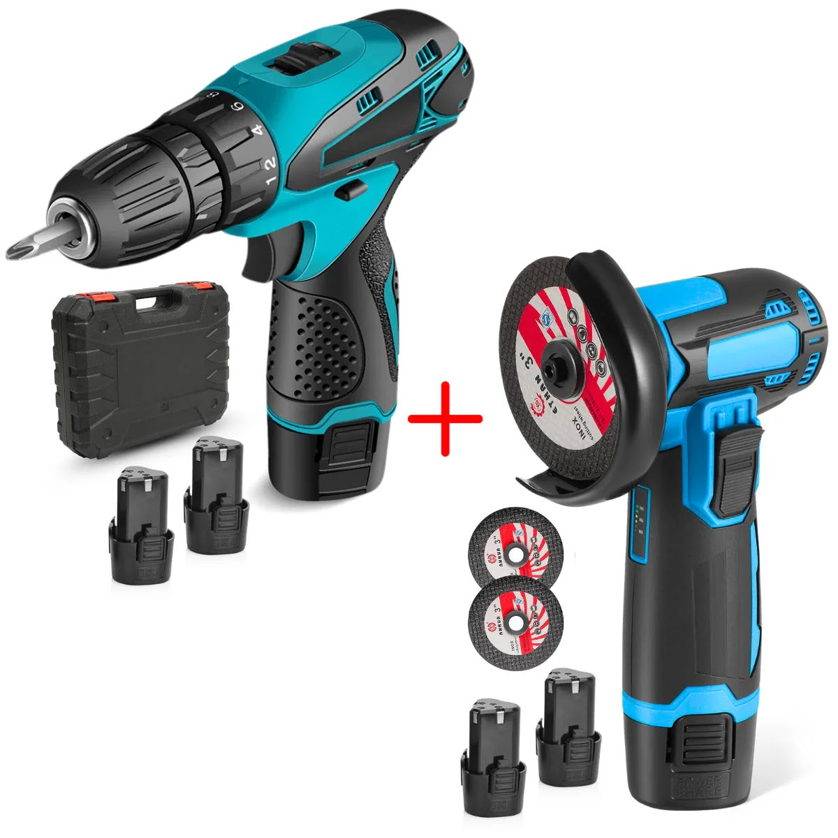 Set Polizor unghiular & Mașină de găurit cu impact 48V cu 2 baterii + 15 discuri cadou