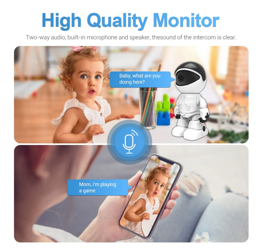 Camera de supraveghere smart Wireless Audio Video, Full HD 1080P, cu functie Baby Monitor, si cu rotire 360 grade, IP, Night Vision, Detectarea miscarilor, Two-Way Audio, model Robot