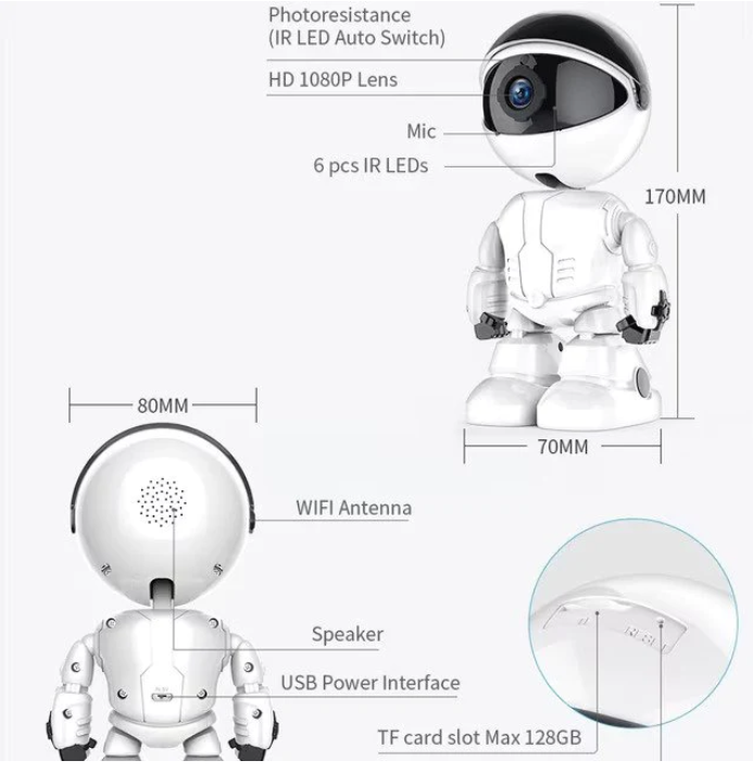 Camera de supraveghere smart Wireless Audio Video, Full HD 1080P, cu functie Baby Monitor, si cu rotire 360 grade, IP, Night Vision, Detectarea miscarilor, Two-Way Audio, model Robot
