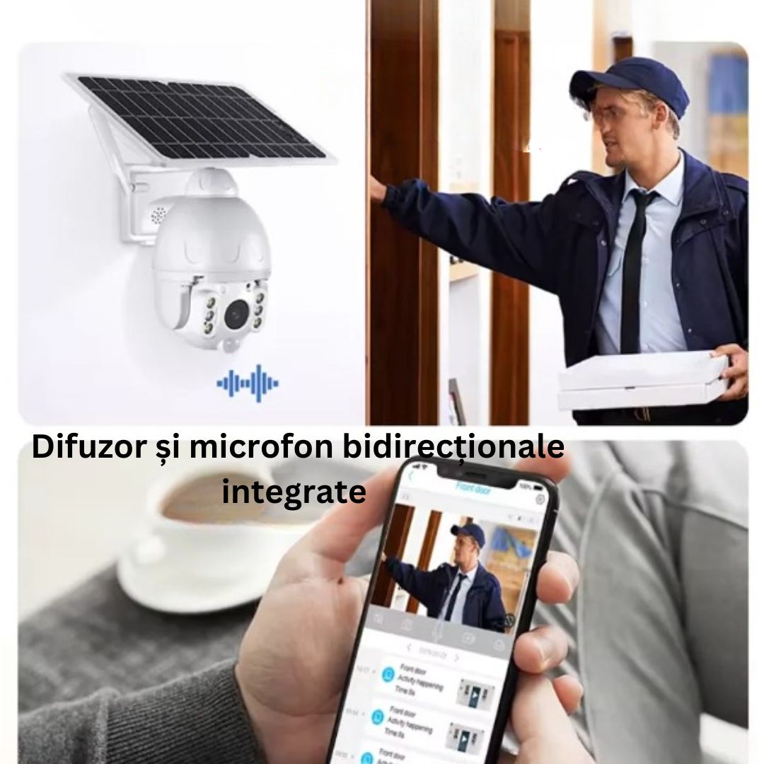 Cameră de Supraveghere WiFi Exterior 4MP, Încărcare Solară, Night Vision, Rezistență la Apă IP67, Detectare Mișcare, Microfon și Difuzor Bidirecționale, Control Complet al Camerei prin Aplicație