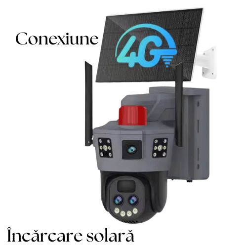 Cameră de Supraveghere Solară 4G 12MP, Trei Lentile, Zoom Optic 10X, Vedere Nocturnă Full Color, PTZ 360°, Rezistență la Apă IP66, Detectare Mișcare Inteligentă, Conectare la Aplicație cu Acces pentru până la 4 Utilizatori