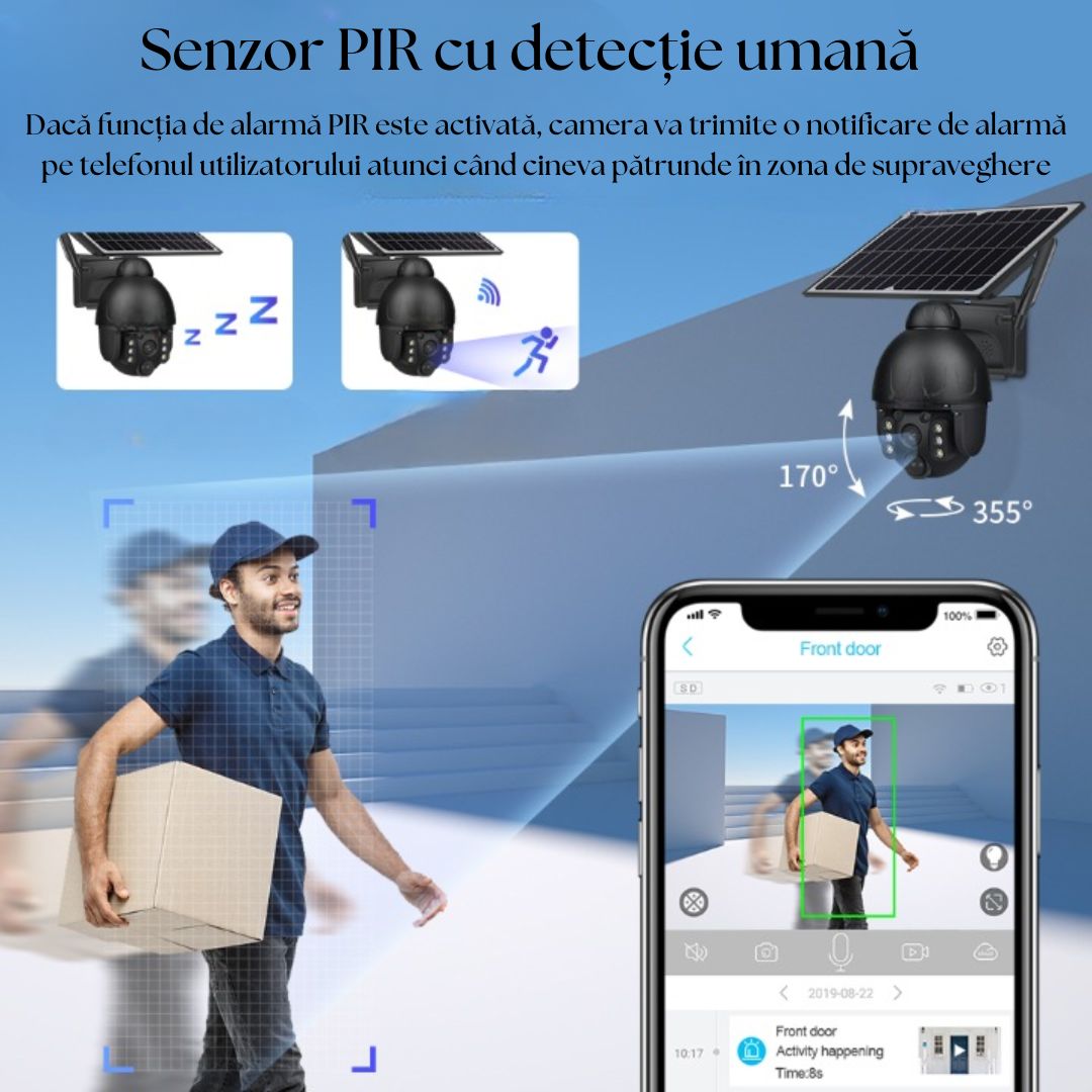 Cameră de Supraveghere cu Încărcare Solară 4G 8K, Night Vision 35m, PTZ (Rotire și Zoom Controlabile din Aplicație), Detectare Mișcare PIR (Identificare Forme Umane), Microfon și Difuzor Bidirecționale, IP66, Stocare MicroSD 128GB