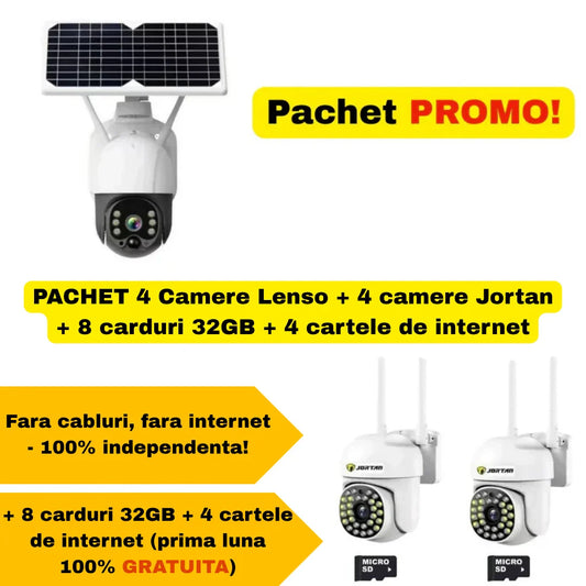 PACHET 4 Camere Lenso + 4 camere Jortan + 8 carduri 32GB + 4 cartele de internet