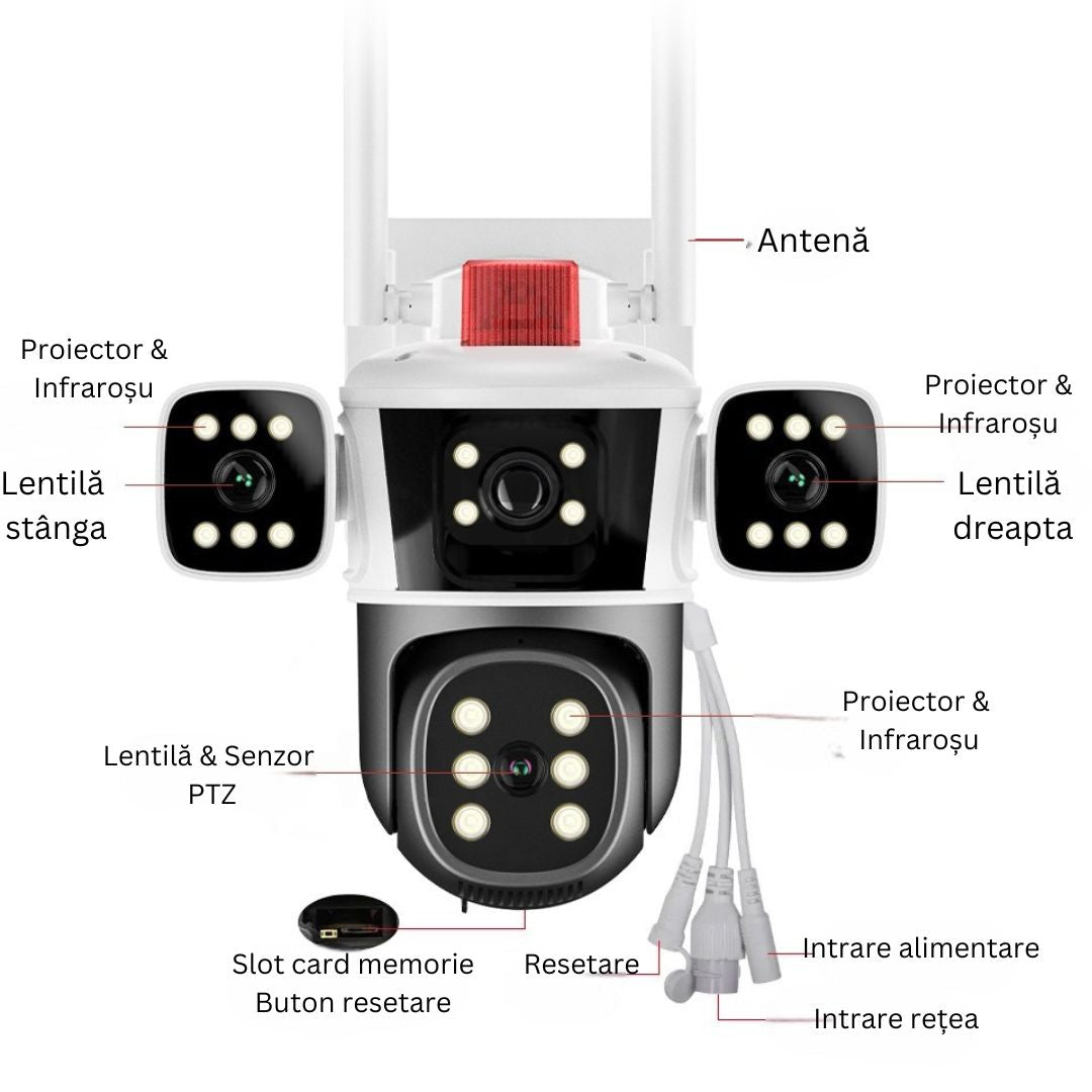 Cameră de Supraveghere 6K, PTZ 12MP Ultra-HD, Zoom 10X, Vedere Nocturnă Color, Detectare Mișcare PIR, Microfon Bidirecțional, Rezistentă la Apă IP66, Stocare Cloud sau Micro SD