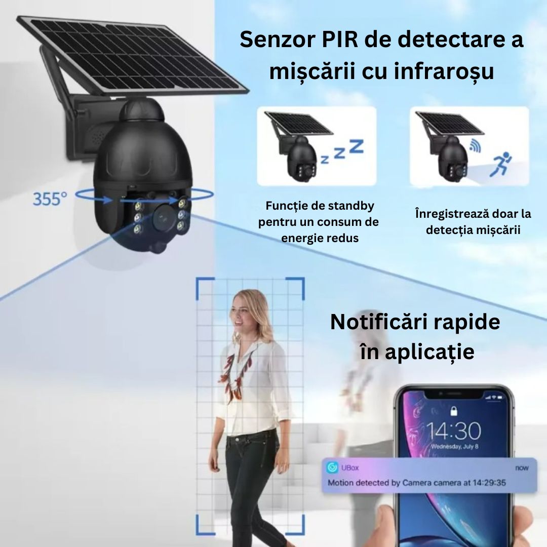 Cameră de Supraveghere WiFi Exterior 4MP, Încărcare Solară, Night Vision, Rezistență la Apă IP67, Detectare Mișcare, Microfon și Difuzor Bidirecționale, Control Complet al Camerei prin Aplicație