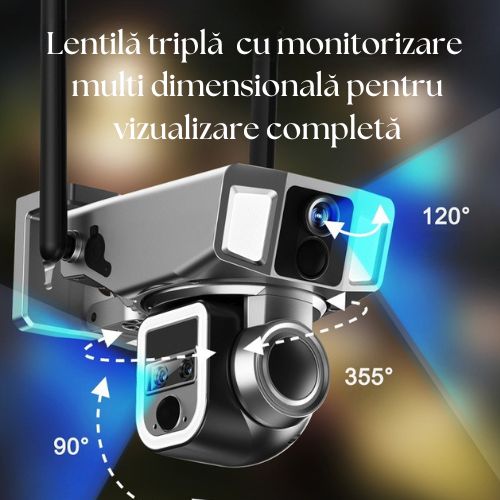 Cameră de Supraveghere 4K Ultra HD 8MP, Dual Display, 4 Lentile, Zoom Hibrid 10X, Alimentare Solară, Conexiune 4G și WiFi