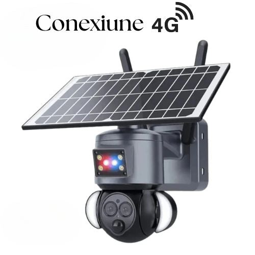 Cameră Supraveghere 4G 4K UHD, Dual Lens, Zoom Optic 12X, Panou cu Încărcare Solară, Rotire PTZ 350°, Vedere Nocturnă IR, Rezistentă la Apă IP66, Stocare TF 128GB