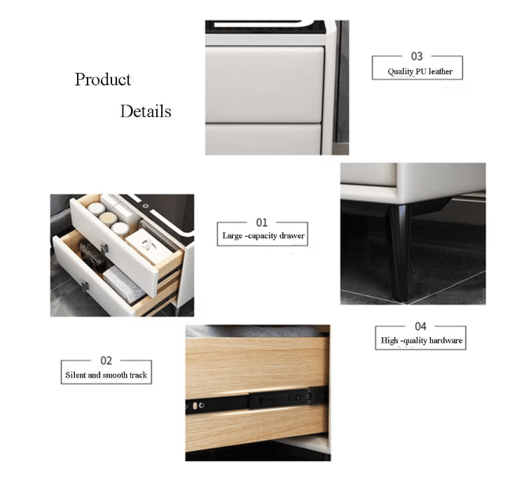 Noptiera inteligenta cu incarcare wireless, lumini LED reglabile, difuzore Bluetooth, 2 sertare de depozitare