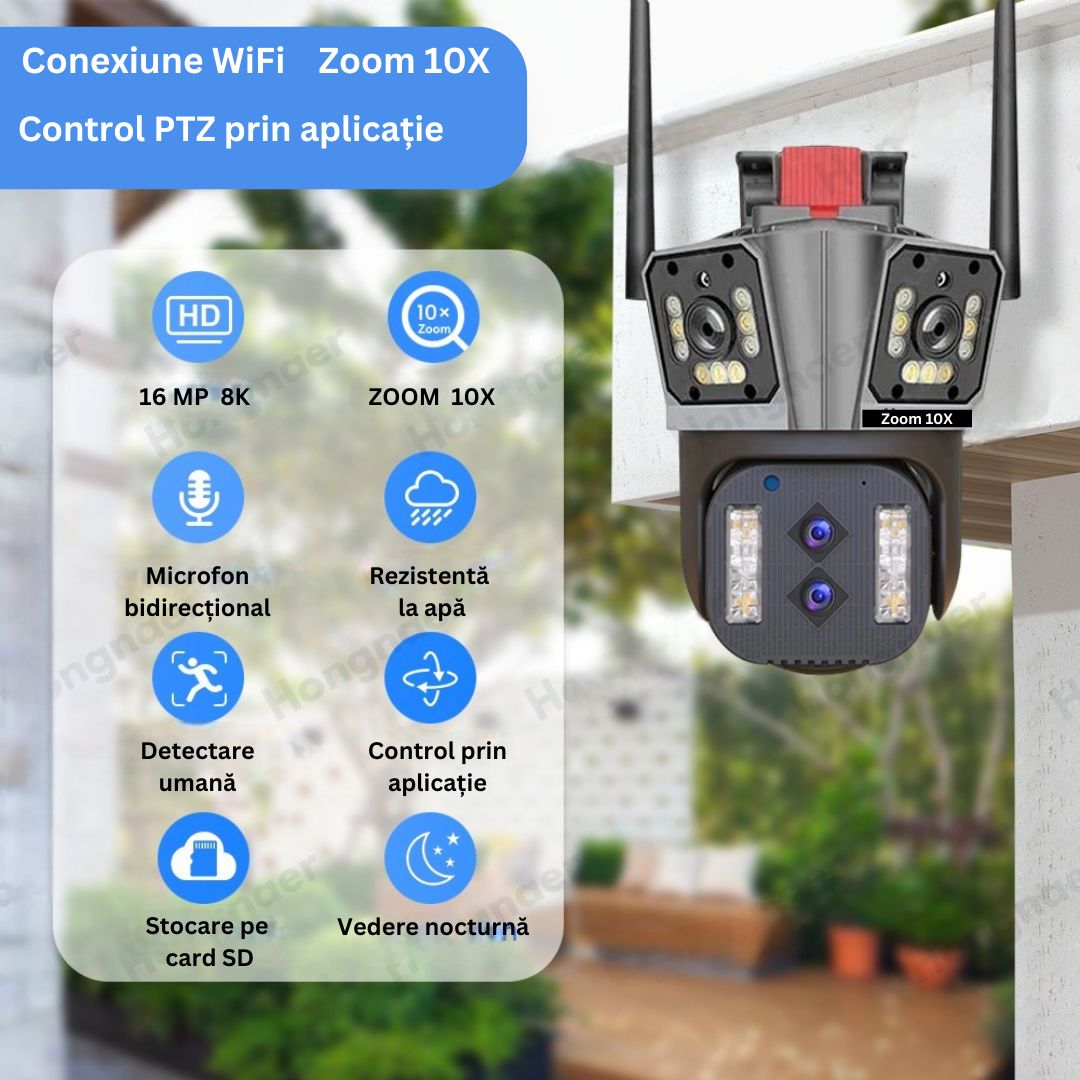 Cameră de Supraveghere Cvadruplă WiFi 16MP, 8K Ultra HD, Zoom Optic 10X, PTZ 360°, Lentile Ultra-Wide, Night Vision, AI Tracking, Comunicare Bidirecțională, Senzor de Mișcare, Exterior/Interior