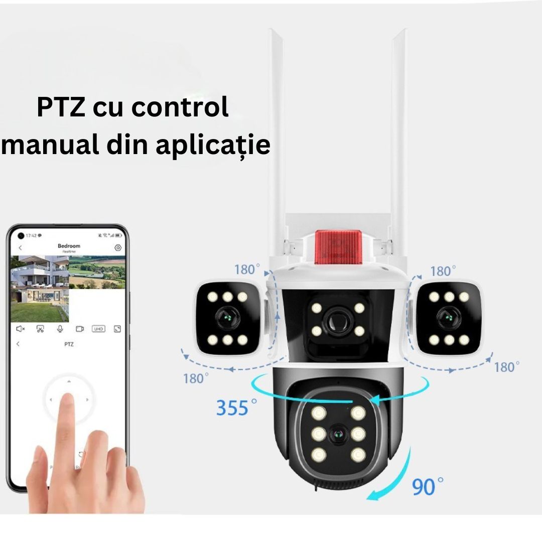 Cameră de Supraveghere 6K, PTZ 12MP Ultra-HD, Zoom 10X, Vedere Nocturnă Color, Detectare Mișcare PIR, Microfon Bidirecțional, Rezistentă la Apă IP66, Stocare Cloud sau Micro SD