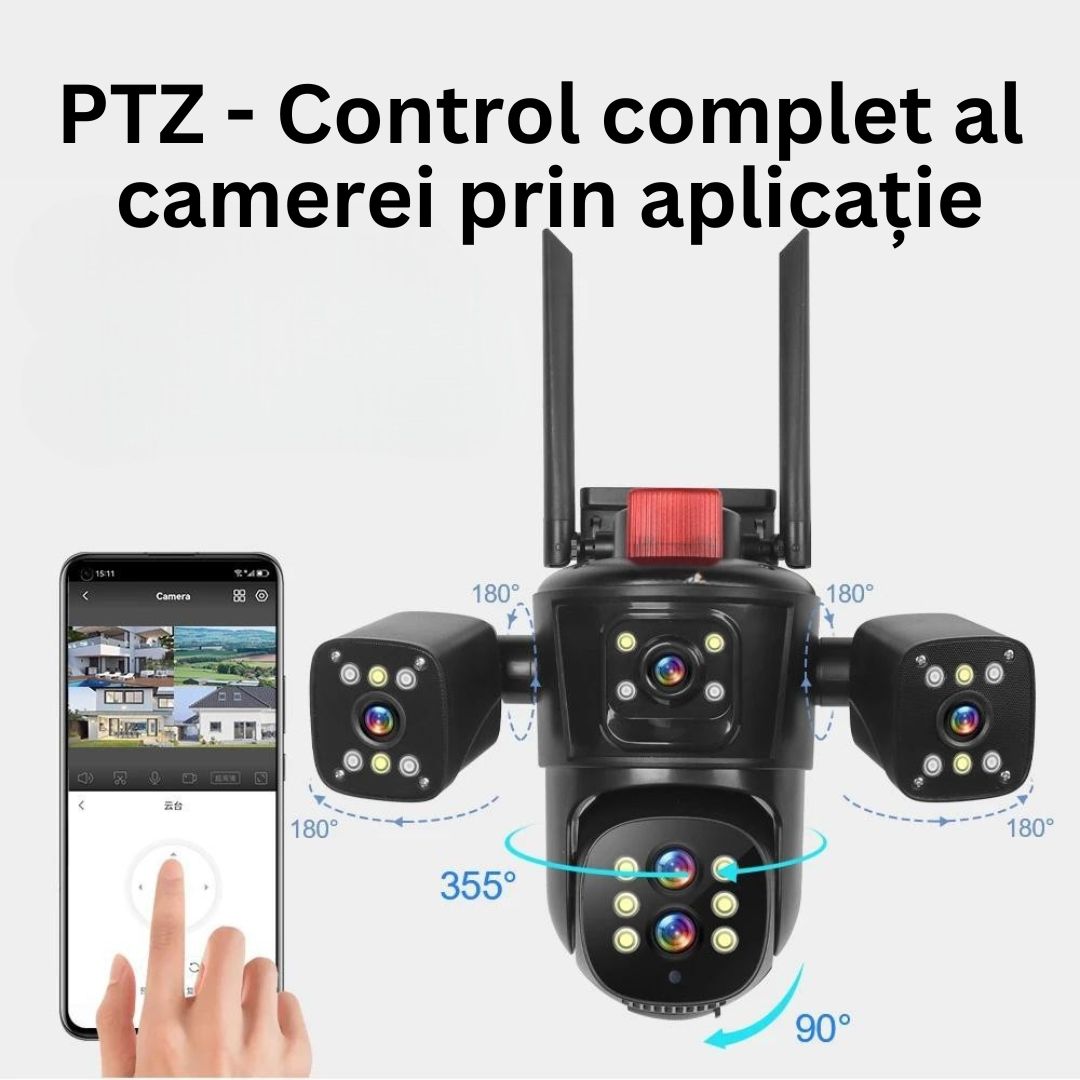 Cameră de Supraveghere PTZ cu WiFi, Rezolutie 10K, 20MP, Zoom Optic 10X, 5 Lentile, Vizualizare pe 4 Ecrane, Night Vision Color, Comunicare Bidirecțională, Functie de  Urmărire Automată cu Identificarea tipului de miscare