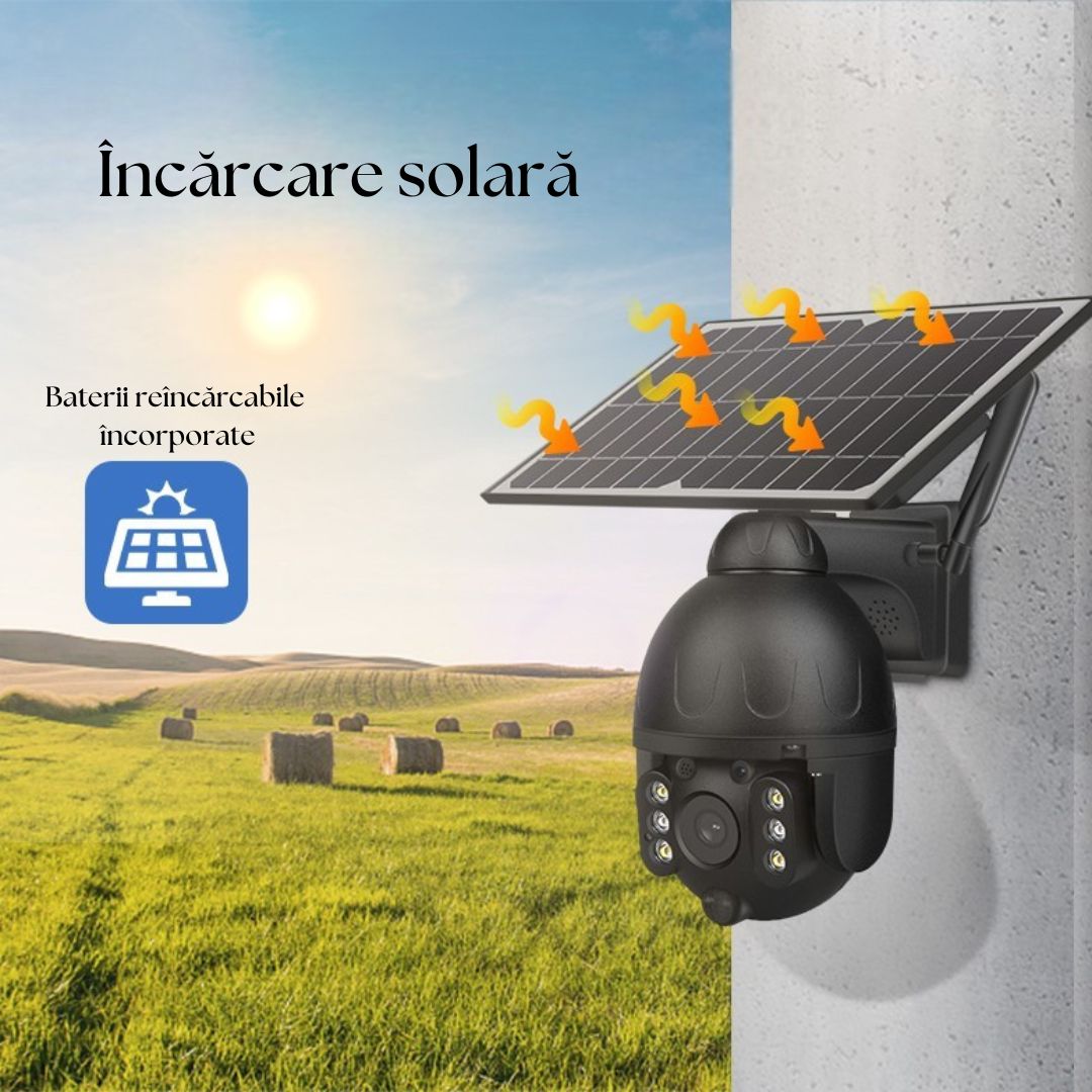 Cameră de Supraveghere cu Încărcare Solară 4G 8K, Night Vision 35m, PTZ (Rotire și Zoom Controlabile din Aplicație), Detectare Mișcare PIR (Identificare Forme Umane), Microfon și Difuzor Bidirecționale, IP66, Stocare MicroSD 128GB