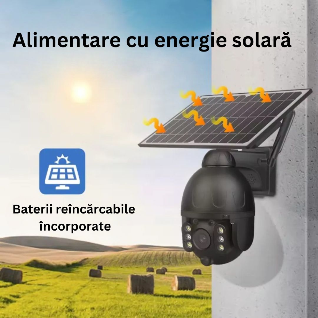 Cameră de Supraveghere WiFi Exterior 4MP, Încărcare Solară, Night Vision, Rezistență la Apă IP67, Detectare Mișcare, Microfon și Difuzor Bidirecționale, Control Complet al Camerei prin Aplicație