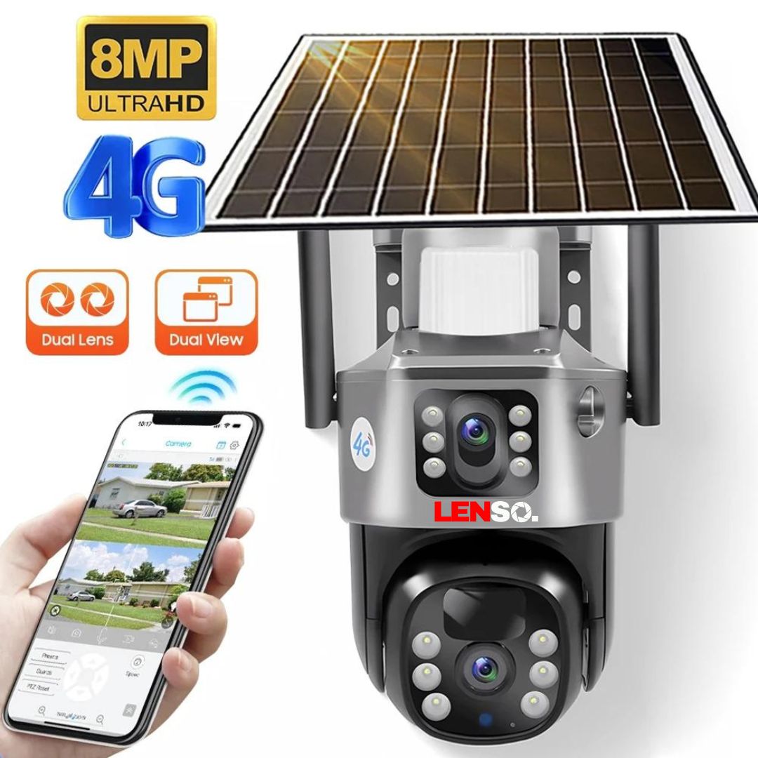 Camera Supraveghere LENSO 4G Dubla cu Panou Solar, Ultra HD, Dual Camera 8MP