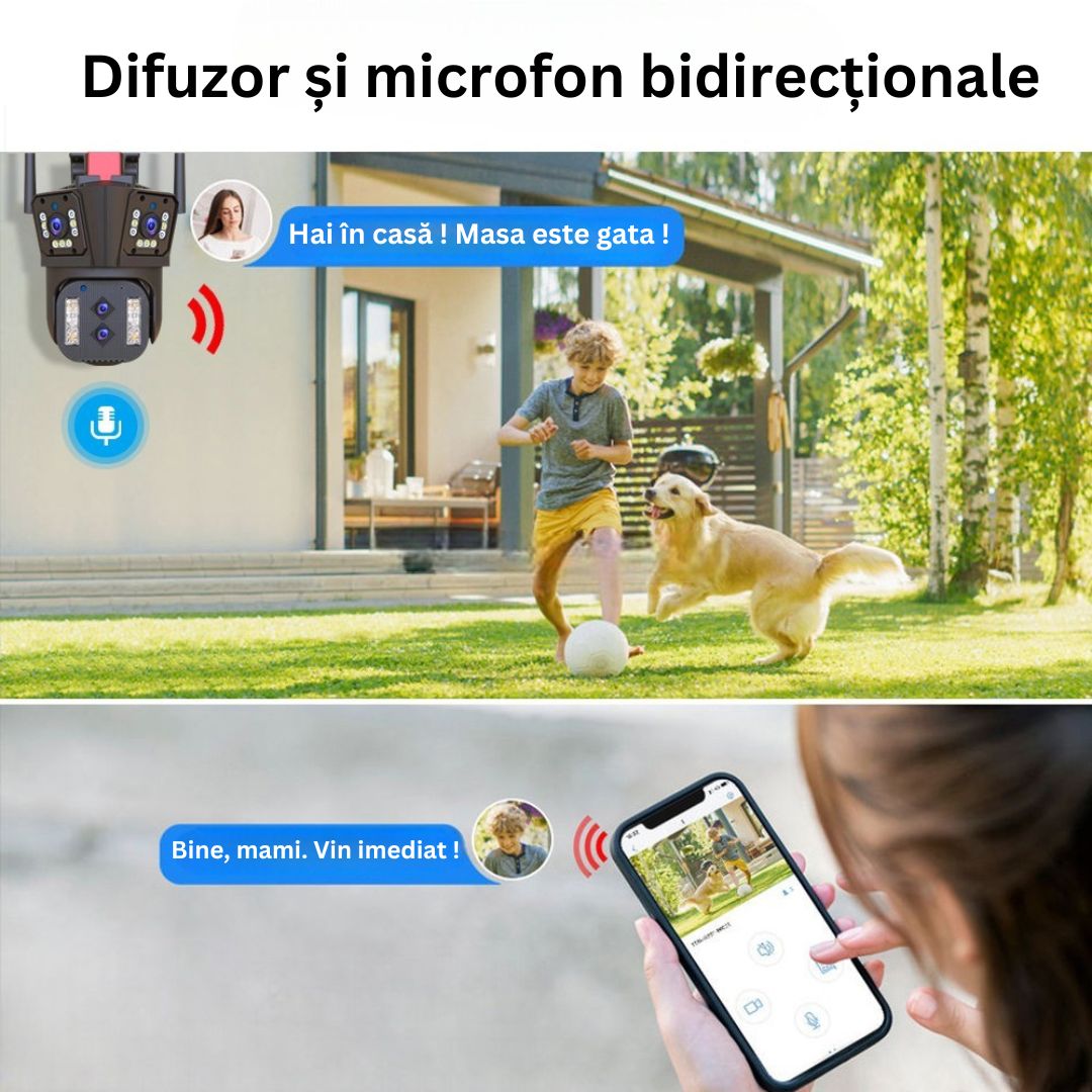 Cameră de Supraveghere Cvadruplă WiFi 16MP, 8K Ultra HD, Zoom Optic 10X, PTZ 360°, Lentile Ultra-Wide, Night Vision, AI Tracking, Comunicare Bidirecțională, Senzor de Mișcare, Exterior/Interior