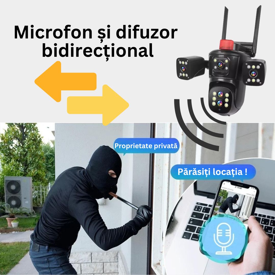 Cameră de Supraveghere PTZ cu WiFi, Rezolutie 10K, 20MP, Zoom Optic 10X, 5 Lentile, Vizualizare pe 4 Ecrane, Night Vision Color, Comunicare Bidirecțională, Functie de  Urmărire Automată cu Identificarea tipului de miscare