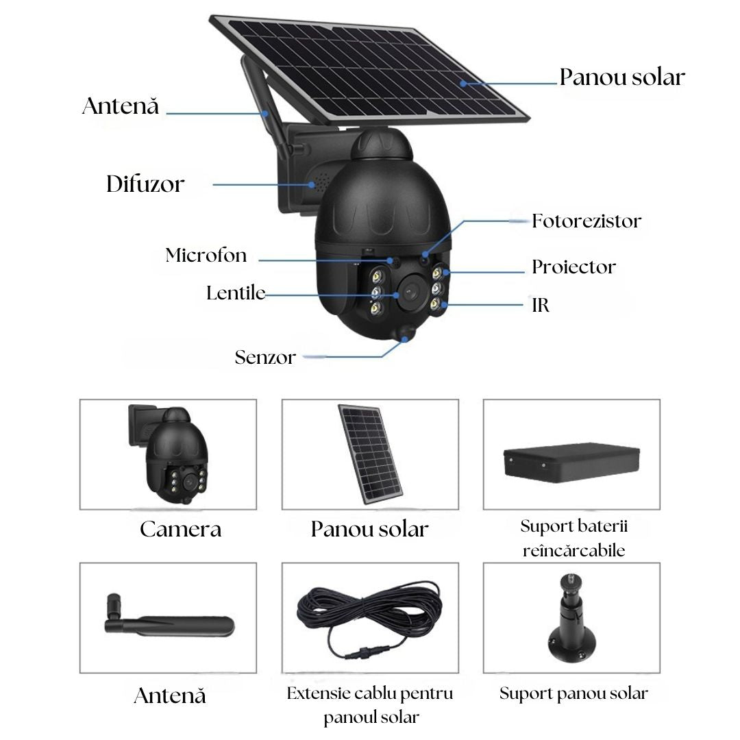 Cameră de Supraveghere cu Încărcare Solară 4G 8K, Night Vision 35m, PTZ (Rotire și Zoom Controlabile din Aplicație), Detectare Mișcare PIR (Identificare Forme Umane), Microfon și Difuzor Bidirecționale, IP66, Stocare MicroSD 128GB