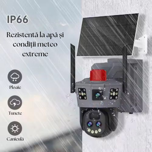 Cameră de Supraveghere Solară 4G 12MP, Trei Lentile, Zoom Optic 10X, Vedere Nocturnă Full Color, PTZ 360°, Rezistență la Apă IP66, Detectare Mișcare Inteligentă, Conectare la Aplicație cu Acces pentru până la 4 Utilizatori