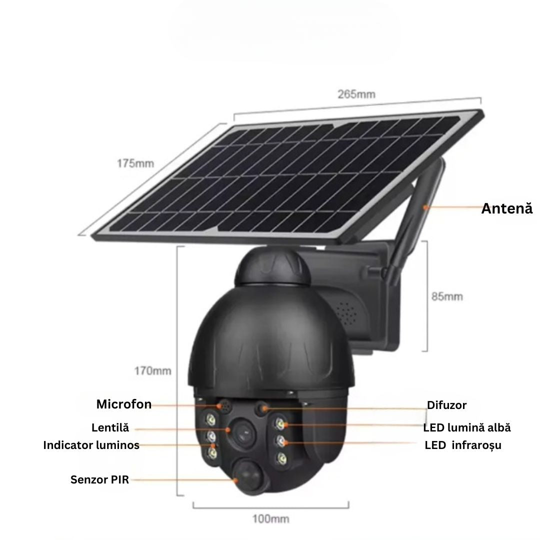 Cameră de Supraveghere WiFi Exterior 4MP, Încărcare Solară, Night Vision, Rezistență la Apă IP67, Detectare Mișcare, Microfon și Difuzor Bidirecționale, Control Complet al Camerei prin Aplicație