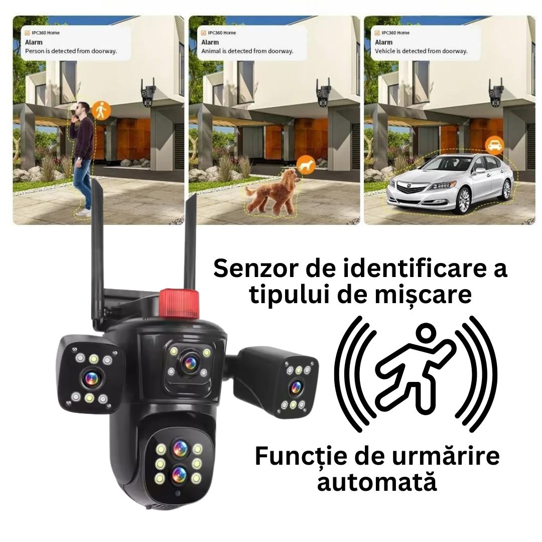 Cameră de Supraveghere PTZ cu WiFi, Rezolutie 10K, 20MP, Zoom Optic 10X, 5 Lentile, Vizualizare pe 4 Ecrane, Night Vision Color, Comunicare Bidirecțională, Functie de  Urmărire Automată cu Identificarea tipului de miscare