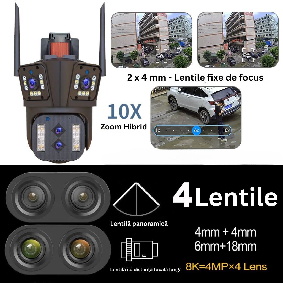 Cameră de Supraveghere Cvadruplă WiFi 16MP, 8K Ultra HD, Zoom Optic 10X, PTZ 360°, Lentile Ultra-Wide, Night Vision, AI Tracking, Comunicare Bidirecțională, Senzor de Mișcare, Exterior/Interior