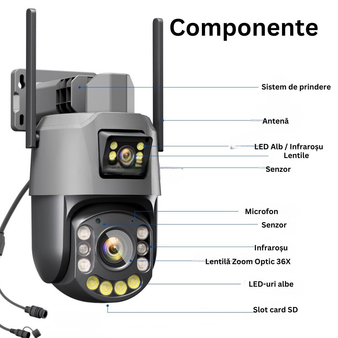 Cameră de Supraveghere PTZ 6MP HD, Zoom Optic 36X, Vedere nocturna 120m, Detectare Mișcare Umană cu Identificarea tipului de Miscare , Difuzor si Microfon  Bidirecționale, Rezistentă la apă IP66