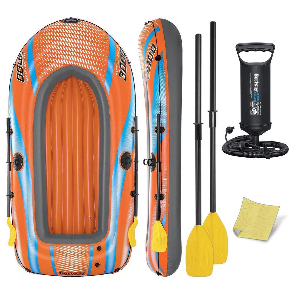 Barca gonflabila Bestway, fabricata din PVC, 3 camere de aer, doi adulti si un copil, 2 vasle din plastic, sarcina maxima 200 kg, pompa cu piston inclusa, 246 x 122 cm